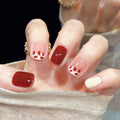 Short square fake nails for women girls nude red nail tips with red white Milk graffiti print full cover press on false nail set