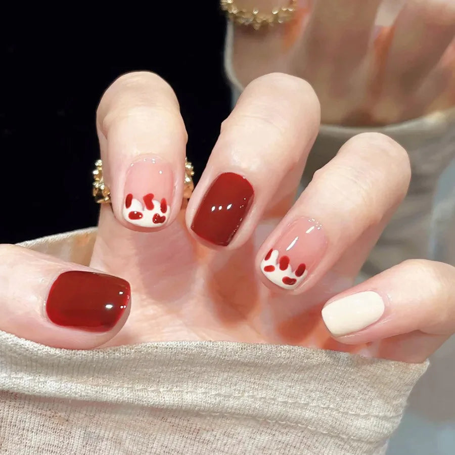 Short square fake nails for women girls nude red nail tips with red white Milk graffiti print full cover press on false nail set