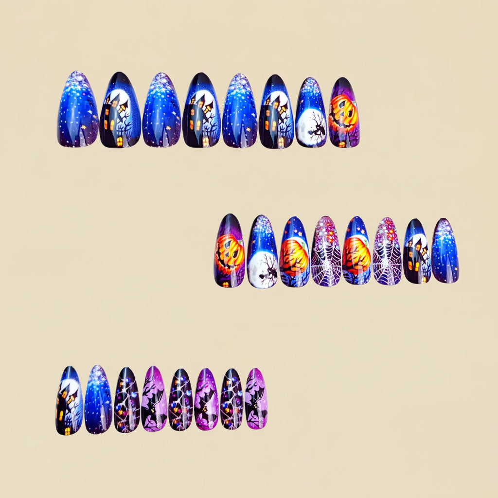 24pc/set fake nails for women gilrs Y2K colors bat or pumpkin castle design for Halloween almond shape press on false nail set