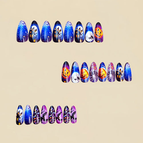 24pc/set fake nails for women gilrs Y2K colors bat or pumpkin castle design for Halloween almond shape press on false nail set