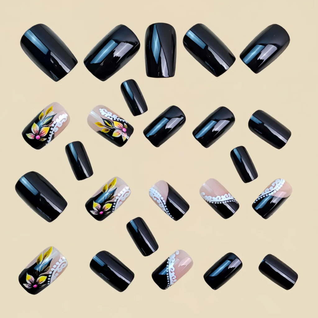 Medium fake nails for women girls Spring summer flowers butterfly polka dots black blue french square nail tips press on nail
