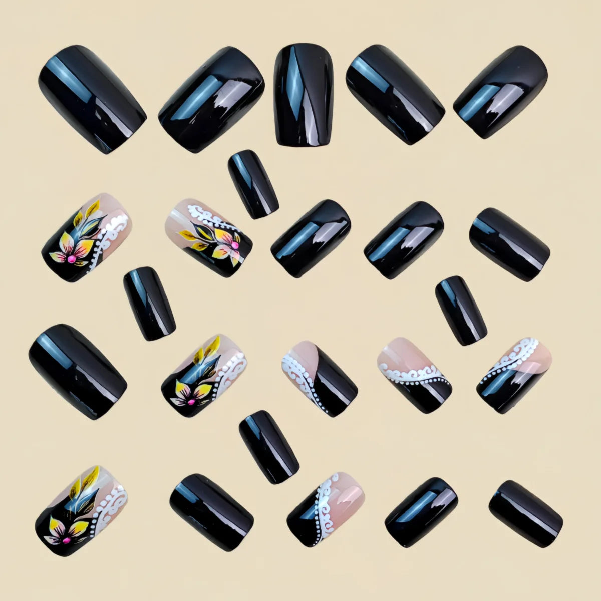 Medium fake nails for women girls Spring summer flowers butterfly polka dots black blue french square nail tips press on nail