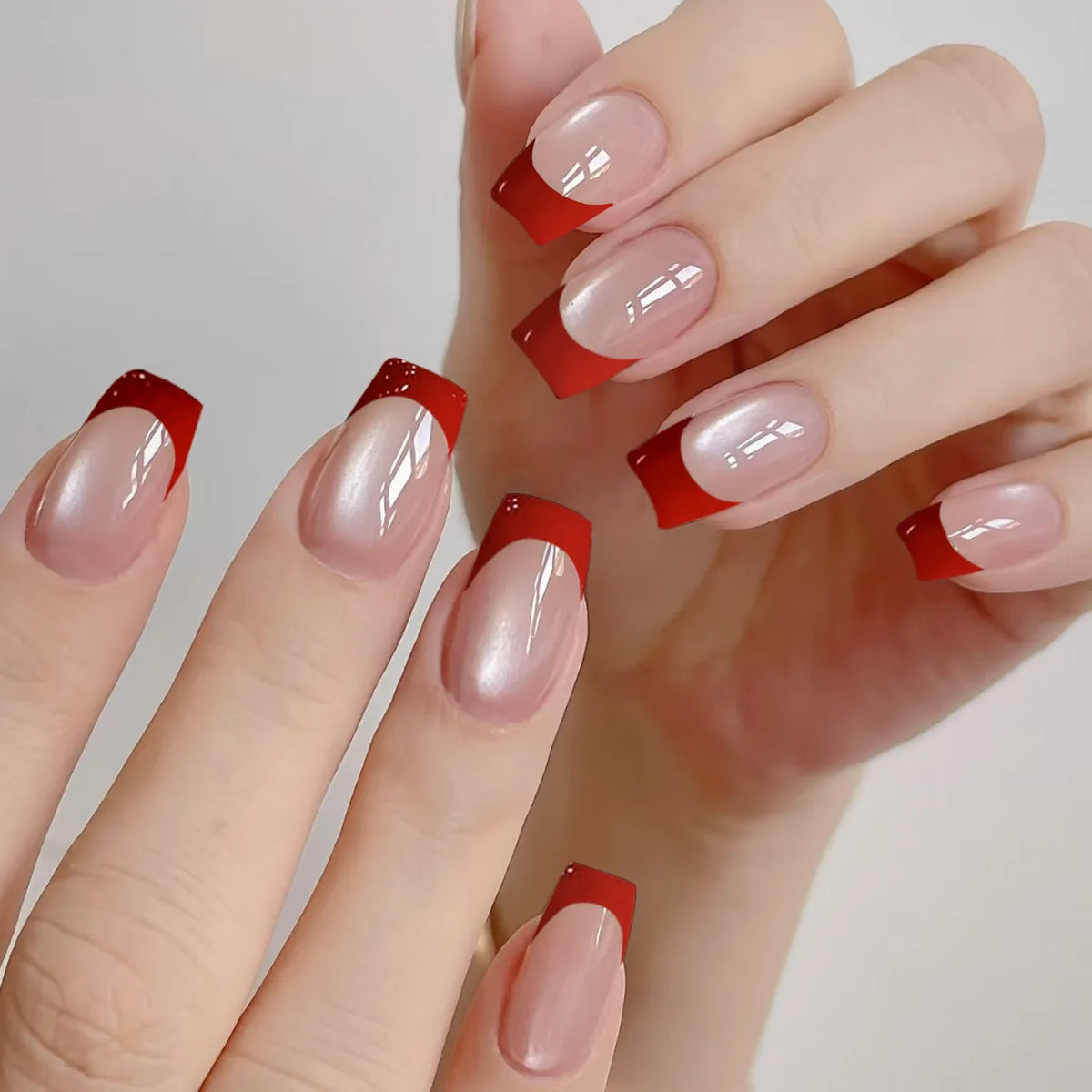 Medium fake nails for women Nude red square nail tips french style glossy cat eyes full cover press on false nail art set