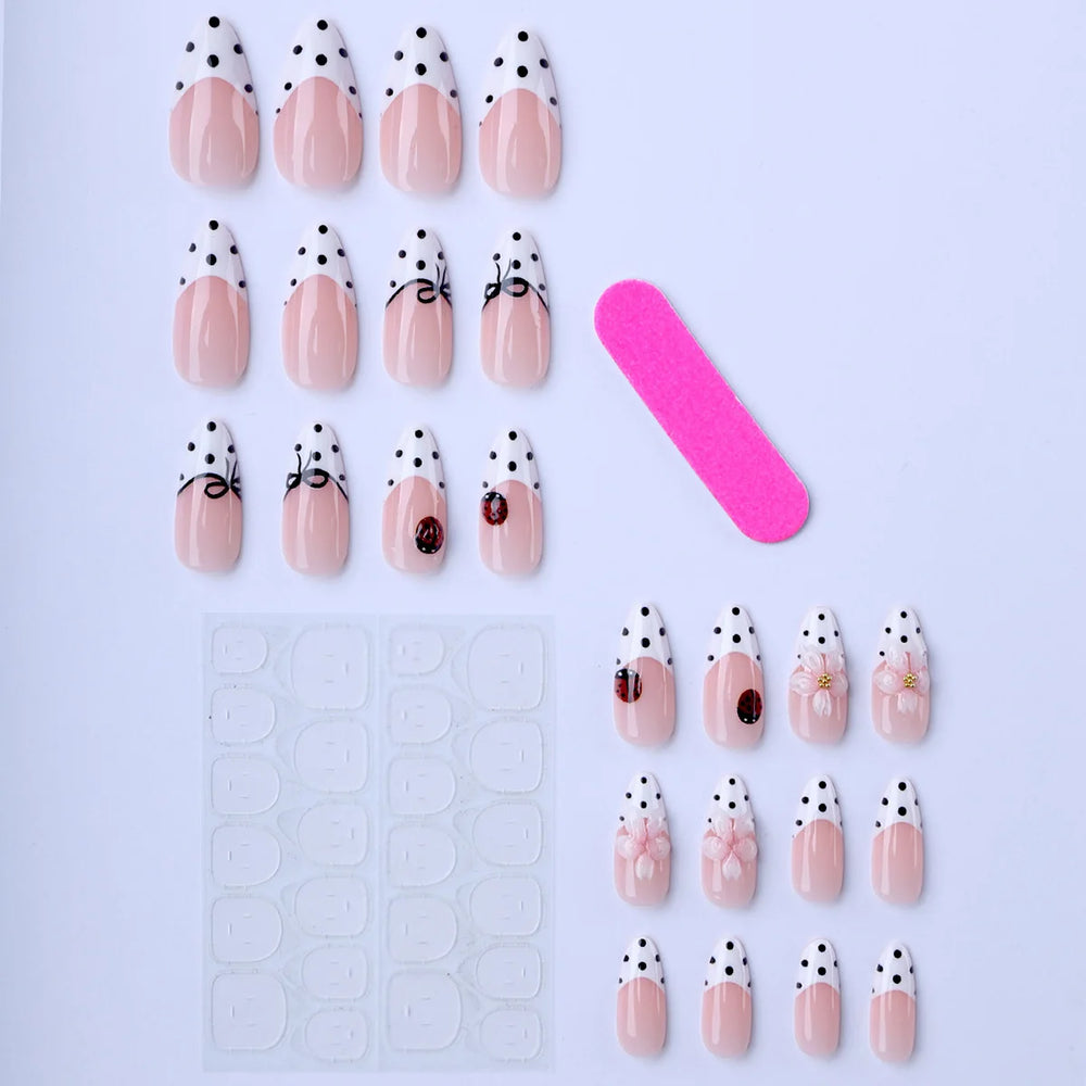 3D Flower Polka Dot Bow French Almond Press-On Nails – Nude White, Medium