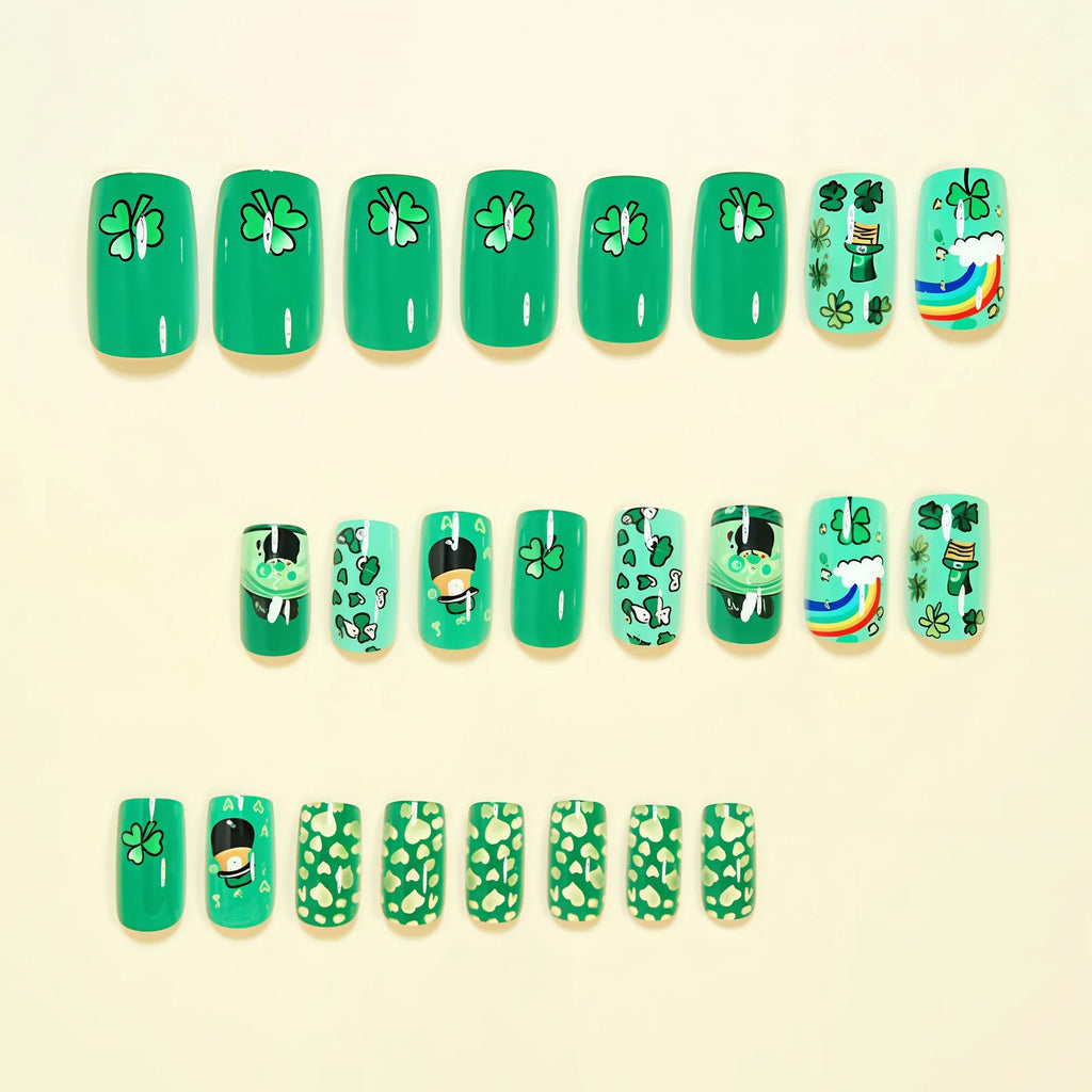 Medium fake nails for women girls green flora cute hat design for St. Patrick's Day Square almond shape press on false nail art