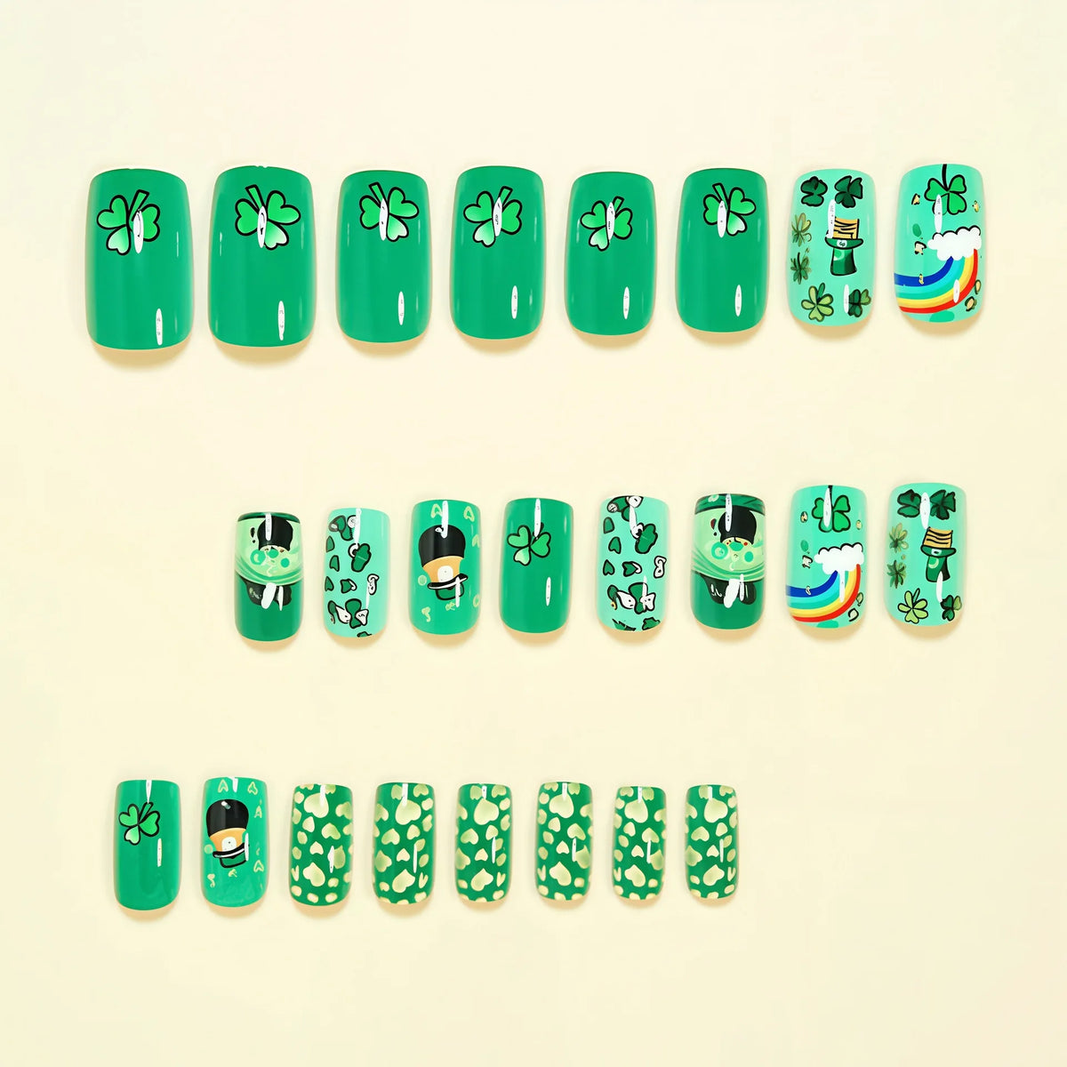 Medium fake nails for women girls green flora cute hat design for St. Patrick's Day Square almond shape press on false nail art