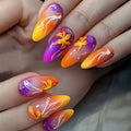 Medium long fake nails Y2K gradient orange purple yellow flowers heart design for spring summer full cover press on false nail
