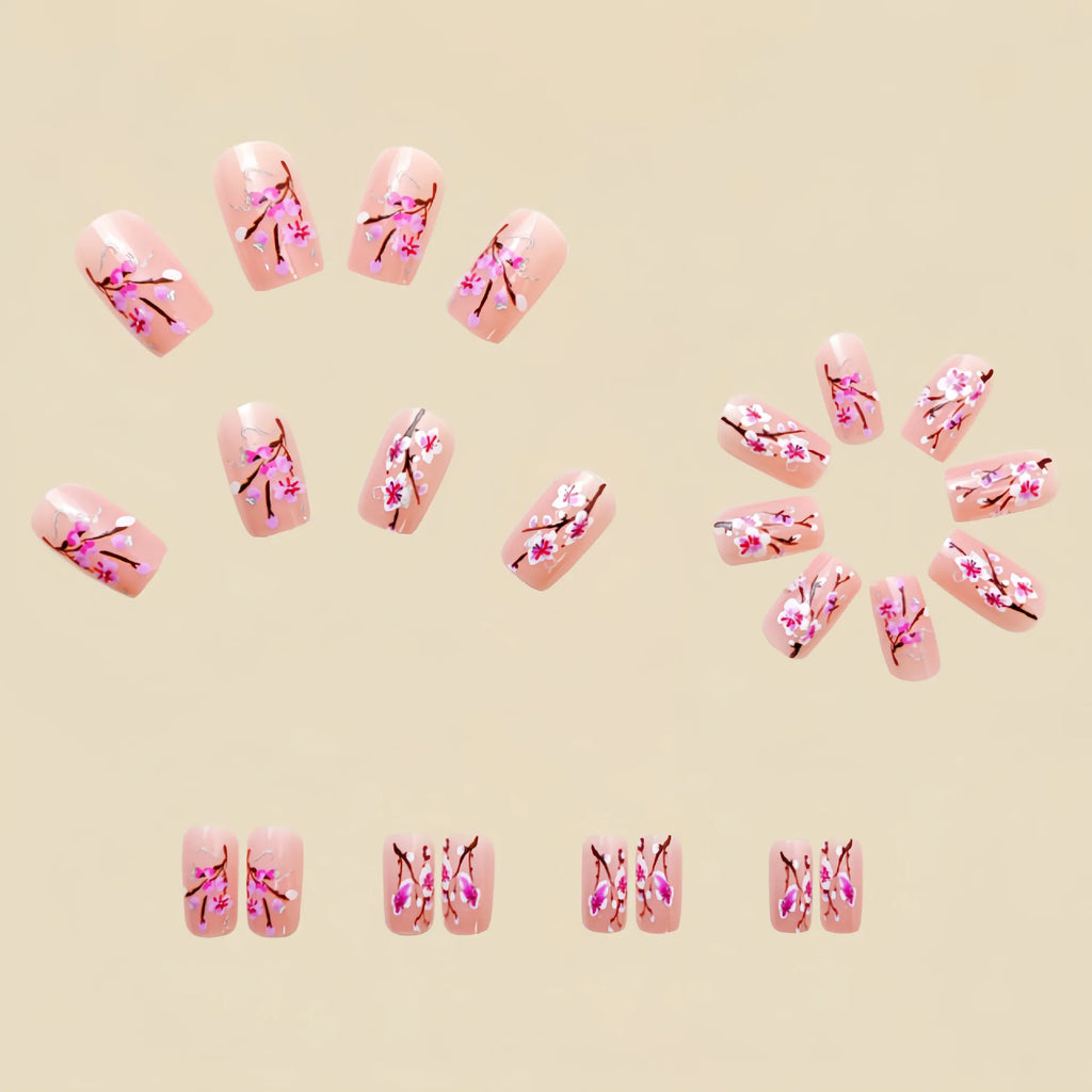 Short Medium fake nails for women girls pink red peach flowers for spring summer full cover square tips press on false nail art