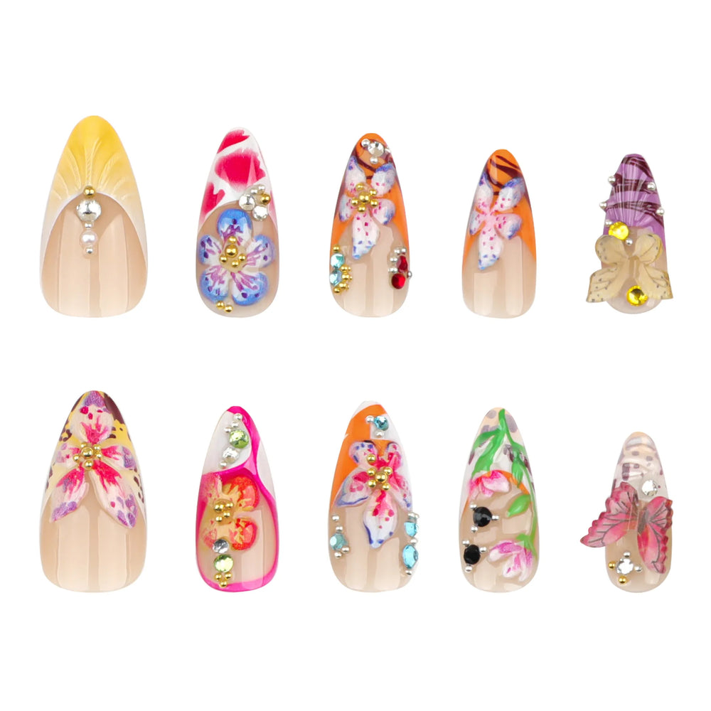 Tropical Hibiscus & Butterfly French Press-On Nails – Almond, 24 Pcs
