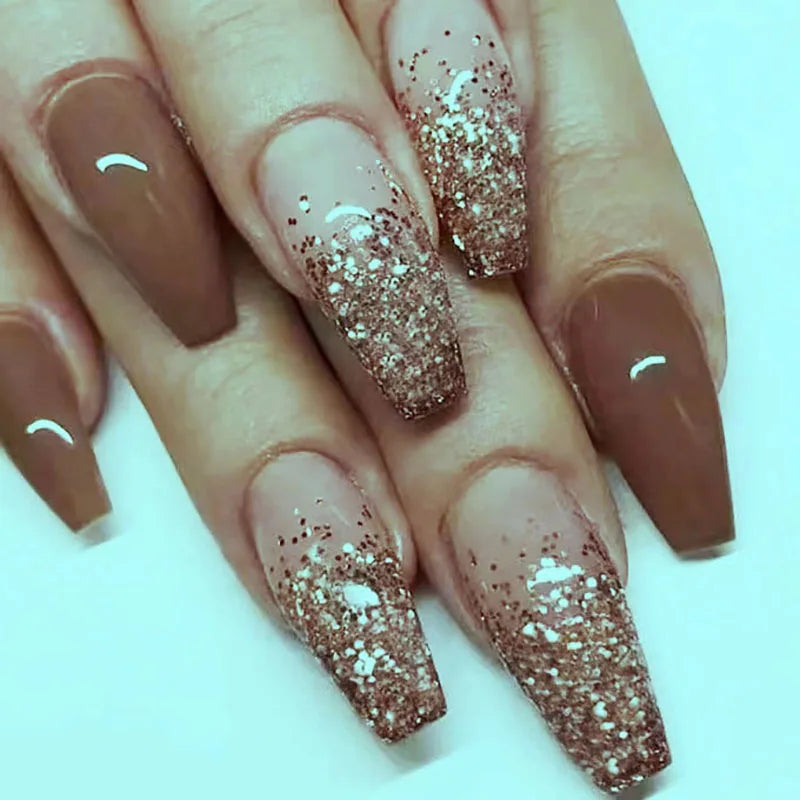 24pcs/set Short Medium Long fake nails golden brown silver sparkling glitter Square almond ballet tips press on false nail art