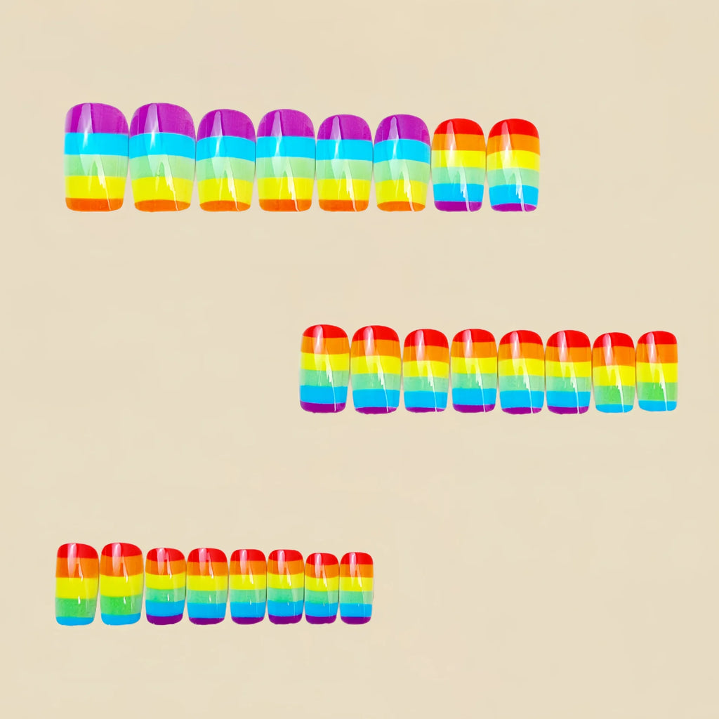 24pcs/set colorful fake nails Y2K yellow red blue purple green horizontal stripes Medium square shape press on fasle nail art