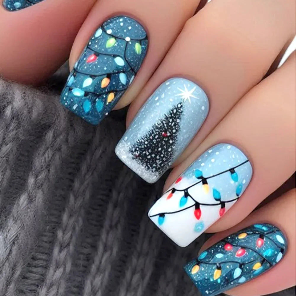 Christmas Winter Forest Snowflake & Santa Press-On Nails – Medium Square Almond