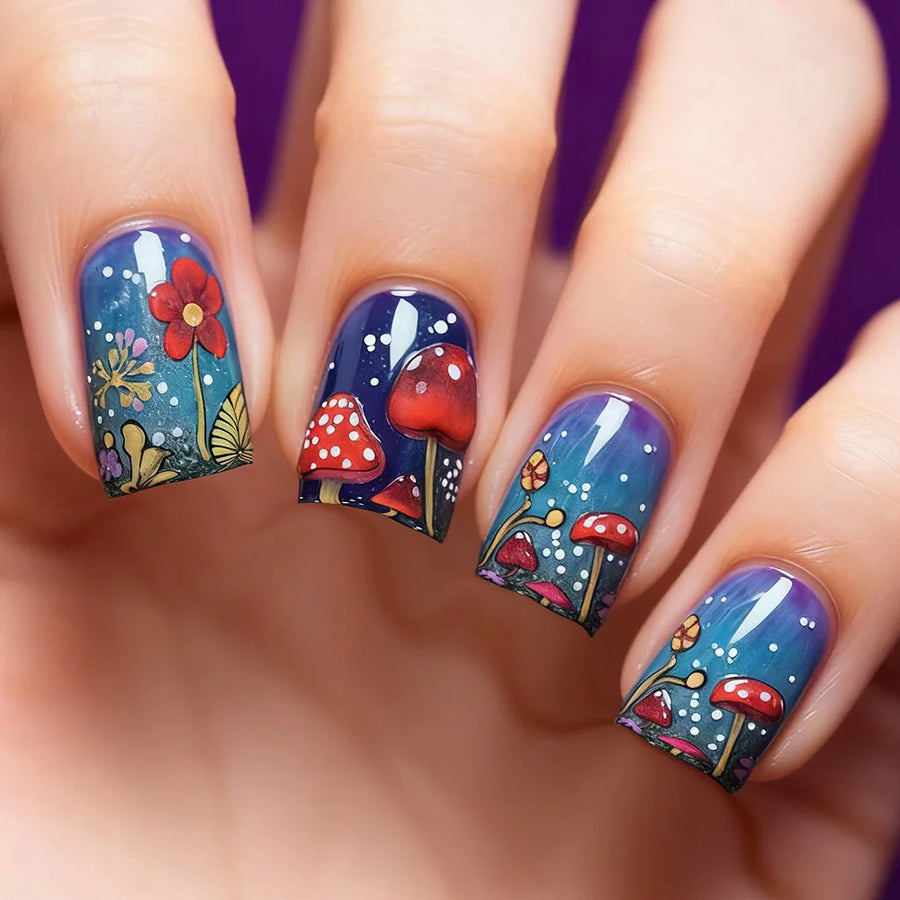 Mushroom & Flower Forest Press-On Nails – Short/Medium Square Almond