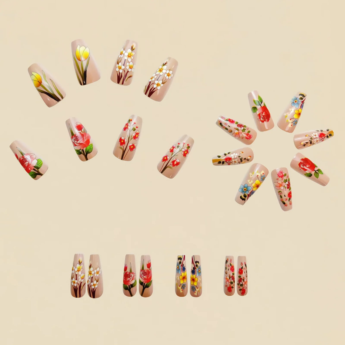 Medium fake nails for women girls pink red yellow blue flowers for Spring summer ballet shape full cover press on nails set