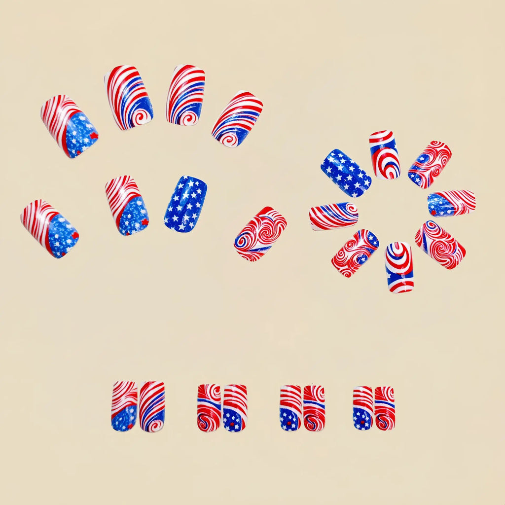 Medium fake nails fashion red blue strips star flowers design for Independence Day full cover press on acrylic false nail art