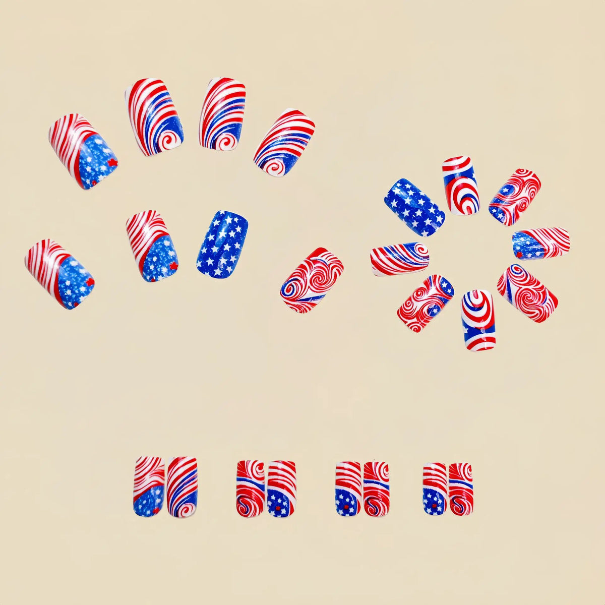 Medium fake nails fashion red blue strips star flowers design for Independence Day full cover press on acrylic false nail art