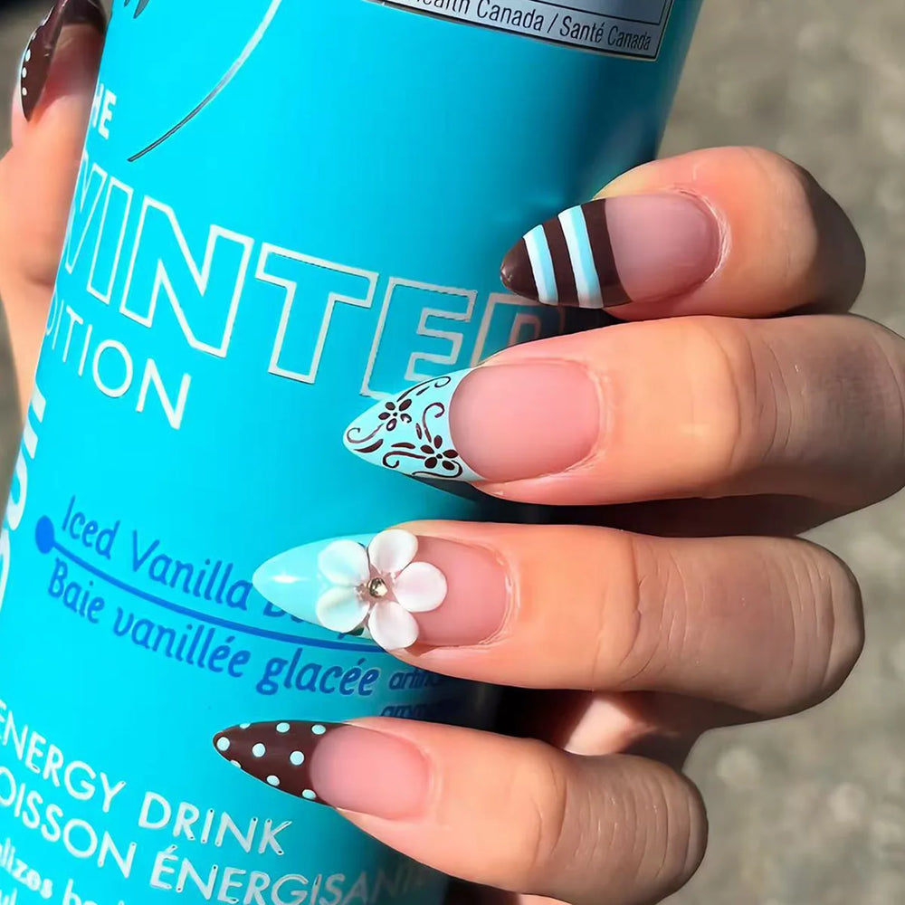 Blue Polka Dot White Flower Press-On Nails – Almond, 24 Pcs