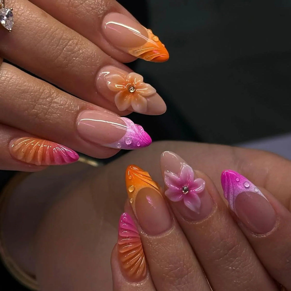 3D Fake Nails Gradient Pink Purple Green Blue Orange Embossed Flowers Fruit Metallic Rhinestones Medium Tips Press On False Nail