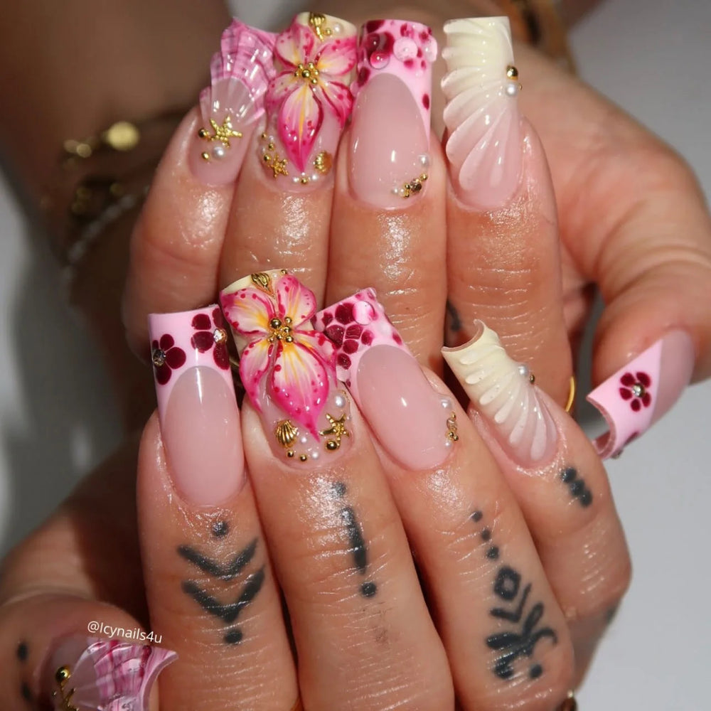 3D Embossed Flower & Fruit Metallic Rhinestone Press-On Nails – Gradient, Medium