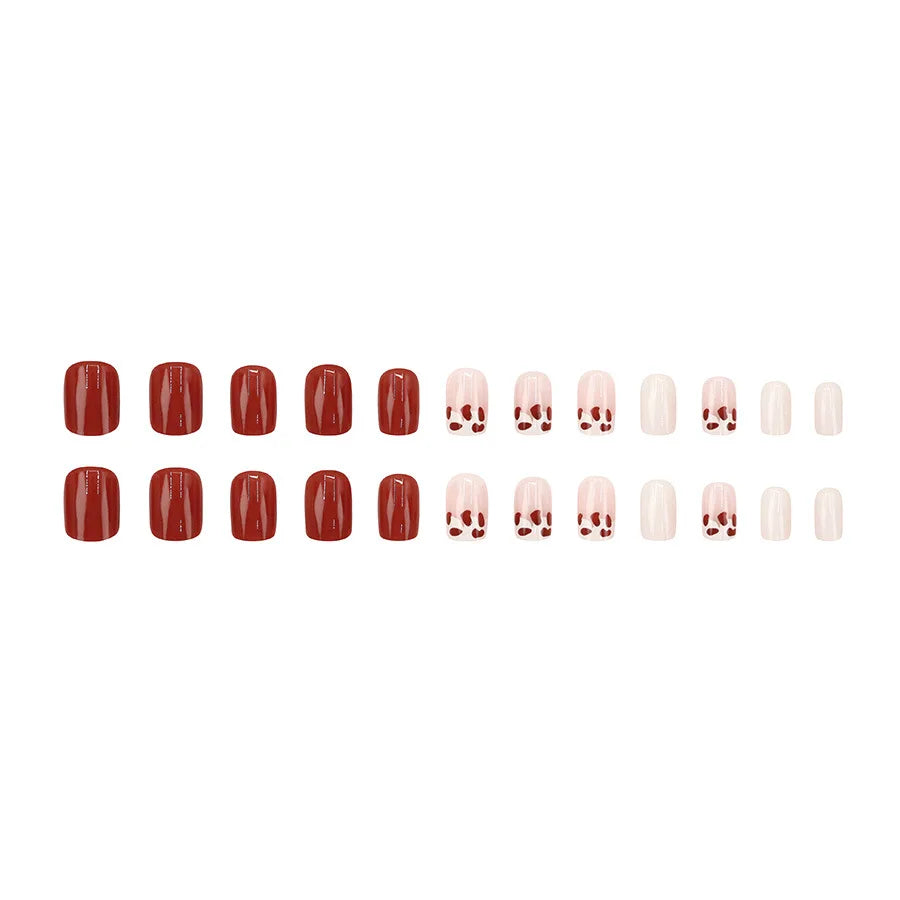 Short square fake nails for women girls nude red nail tips with red white Milk graffiti print full cover press on false nail set