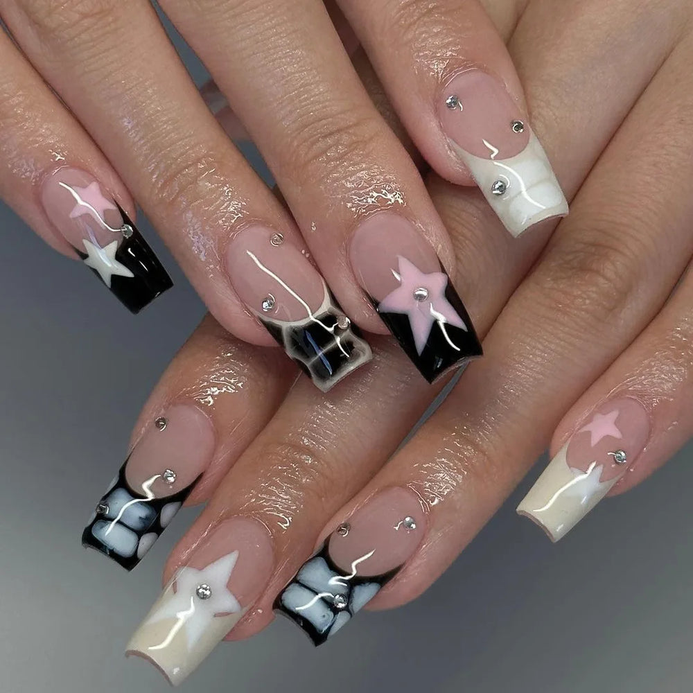 Star & Spiral Stripe French Bow Press-On Nails – Medium Square, 24 Pcs