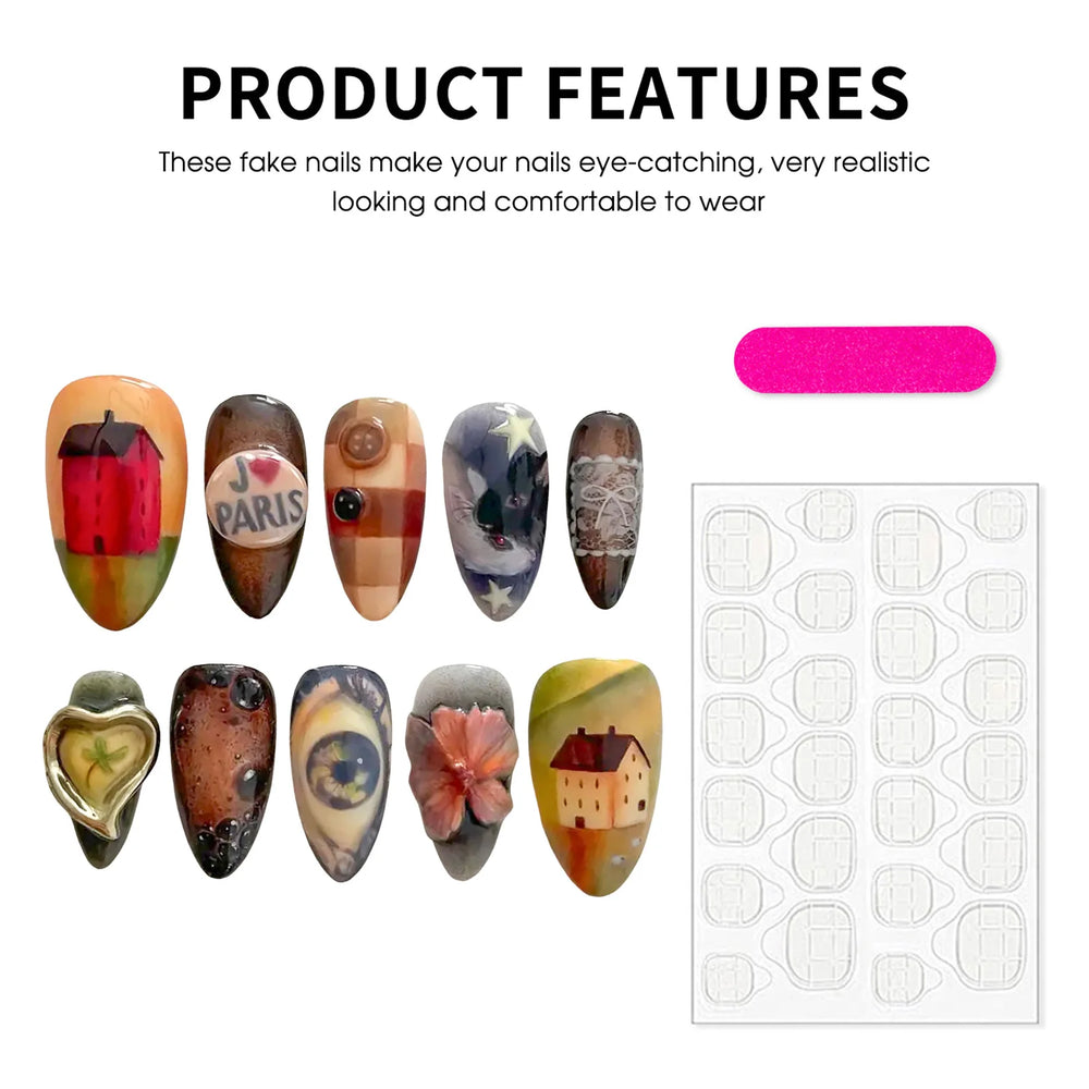 European Countryside Painting Handmade Press-On Nails – Almond, 10 Pcs