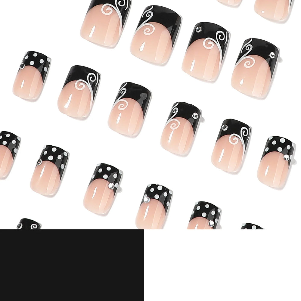 Black French White Polka Dot Rhinestone Press-On Nails – Short Square, 24 Pcs