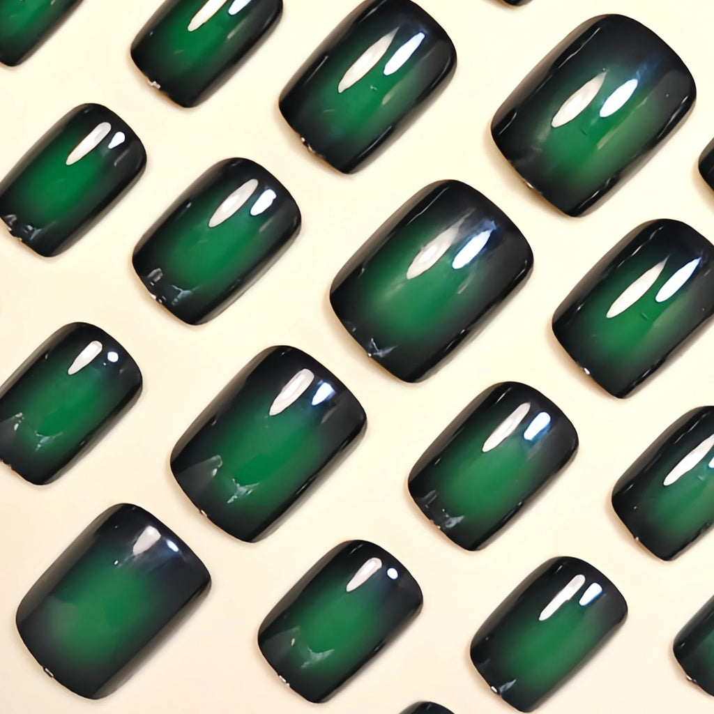 Short Square fake nails for women girls gradient green purple blue black blush colors design glossy manicure press on false nail