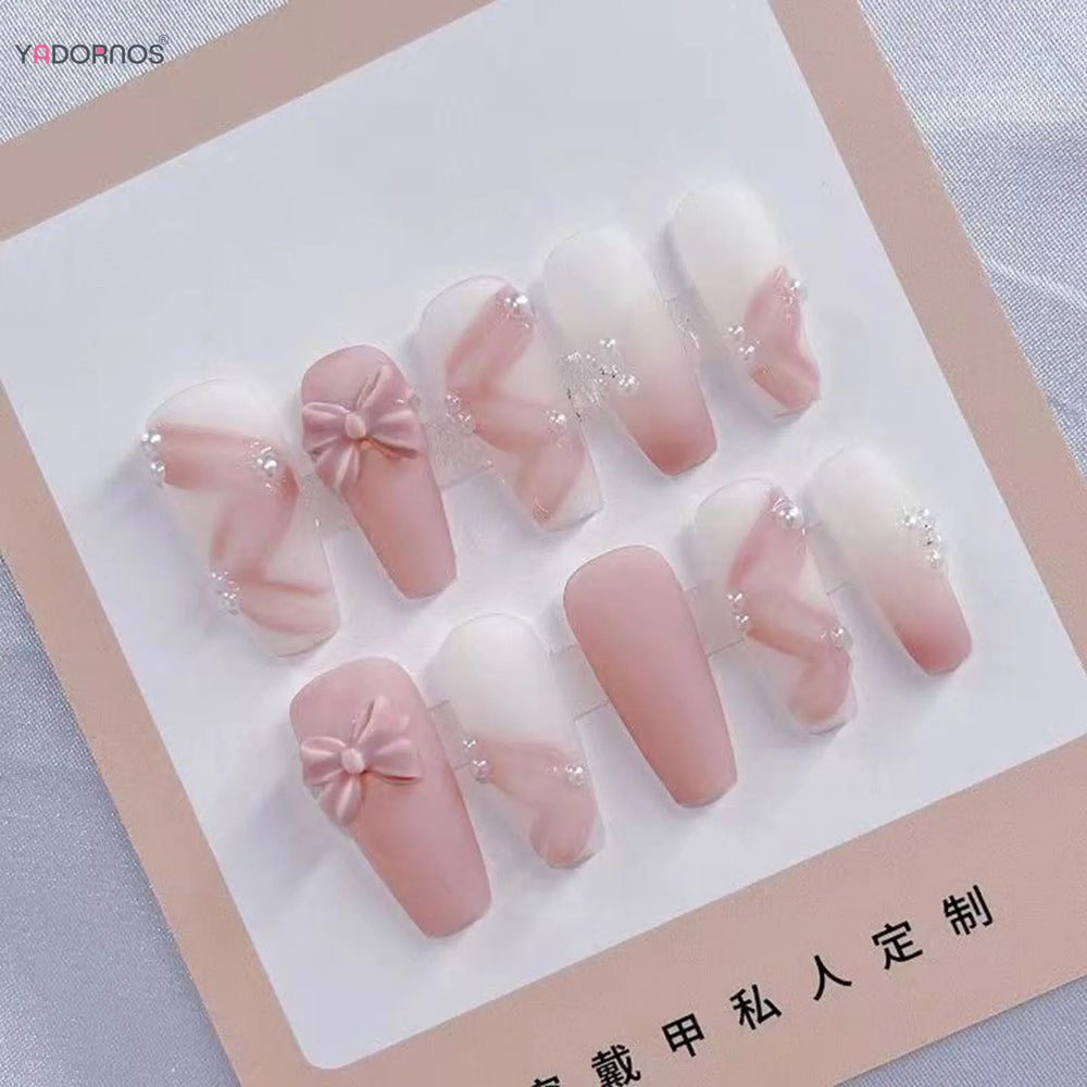 Pink Ballet Bow Handmade Press-On Nails – Coffin, 24 Pcs