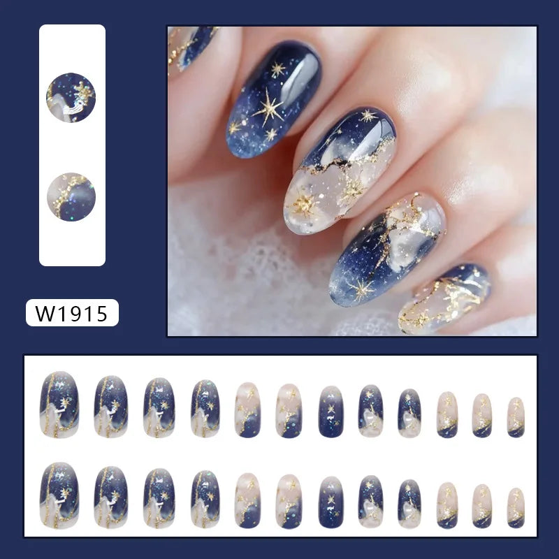 Smudged Blue Gold Star Press-On Nails – Almond, 24 Pcs