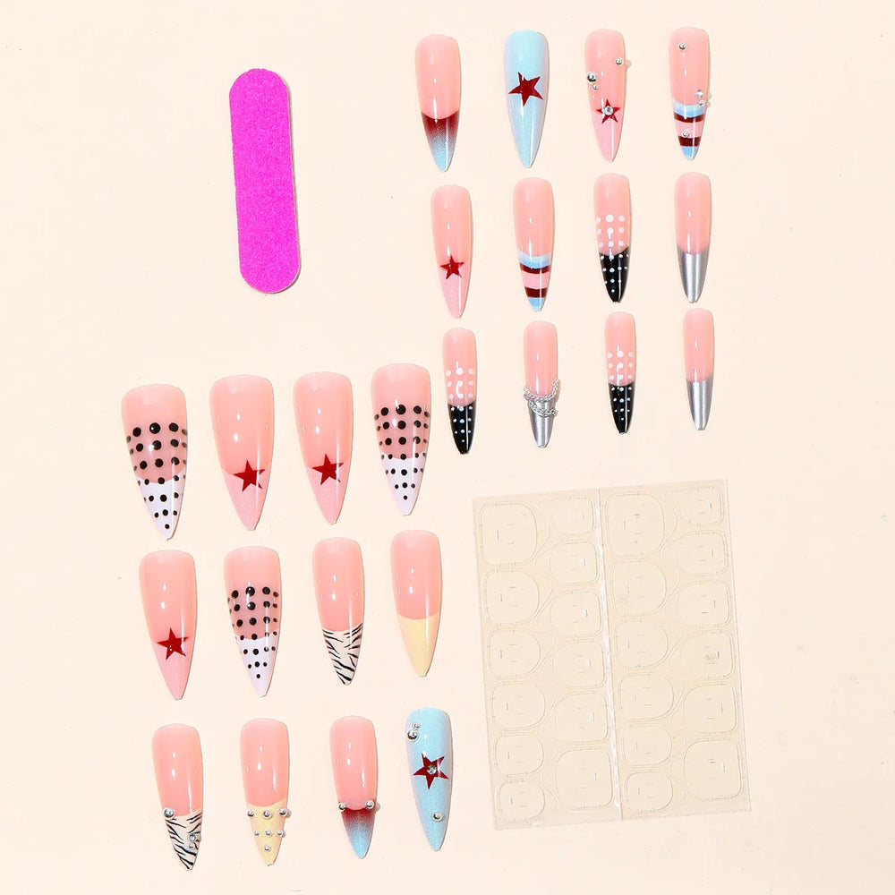 Y2K Star Chain Polka Dot Press-On Nails – Long Stiletto, 24 Pcs