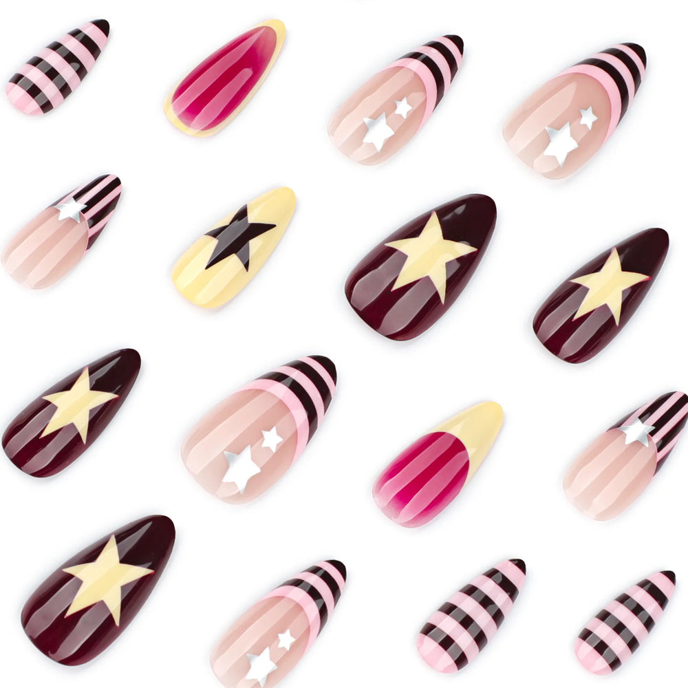 Colorful Star & Stripe French Y2K Press-On Nails – Almond, 24 Pcs