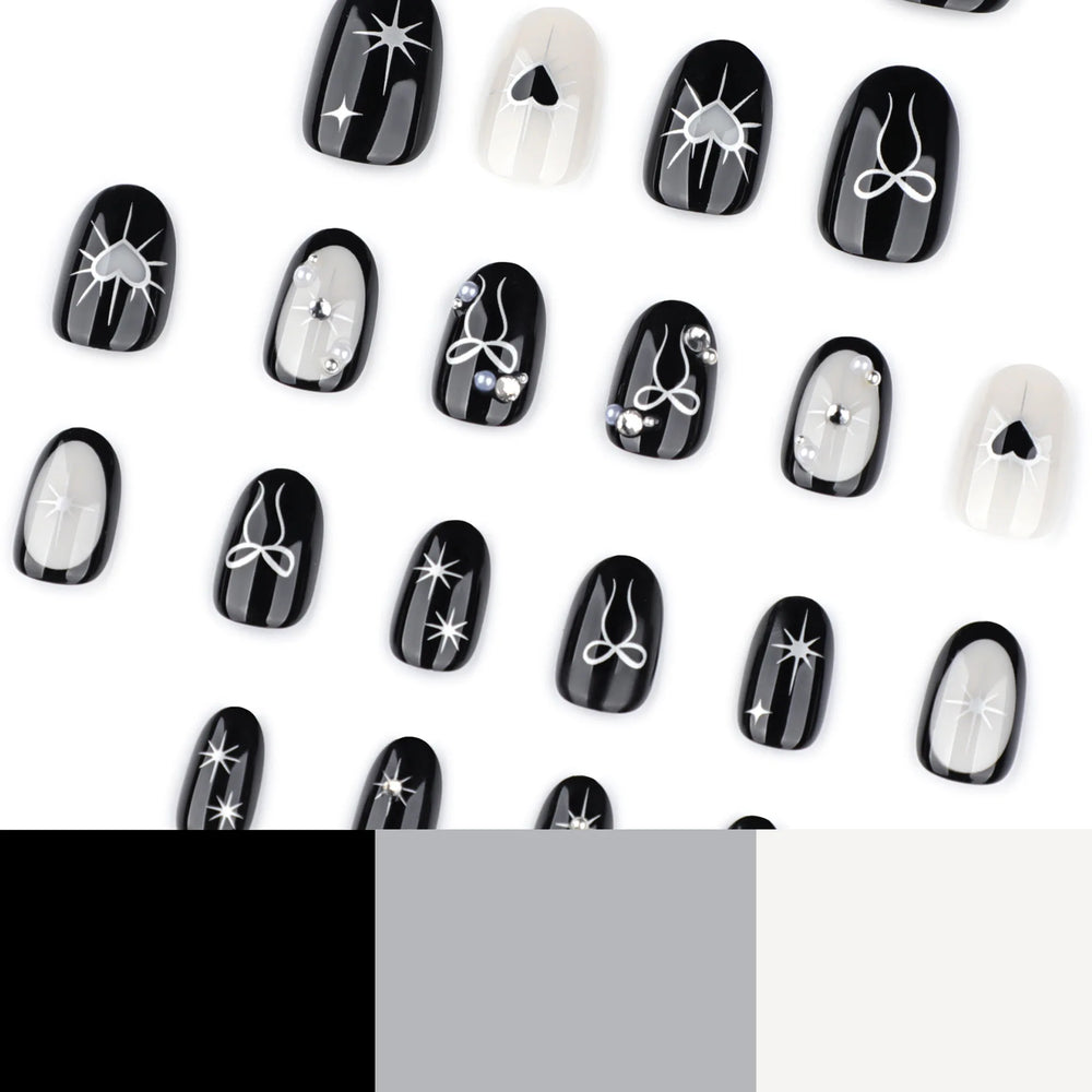 Gothic Black Silver Heart & Bow Press-On Nails – Short Almond, 24 Pcs
