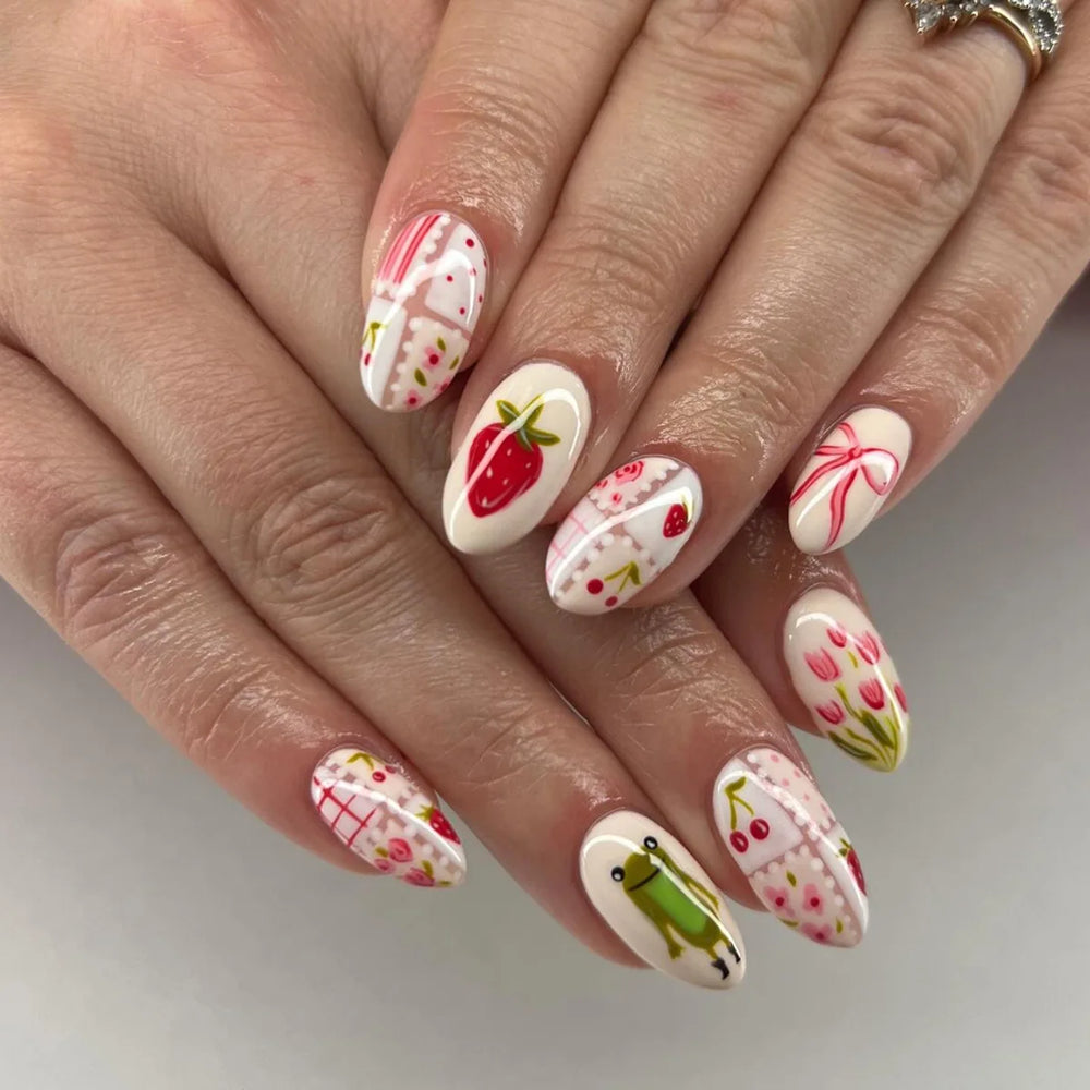 Cherry, Bow & Strawberry Blush Press-On Nails – Almond, 24 Pcs