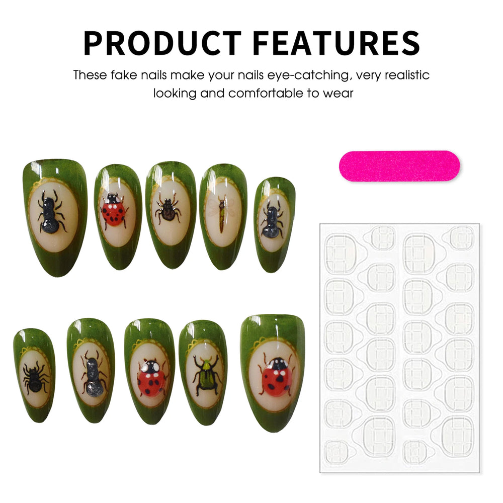 Dark Green Ladybug & Beetle Handmade Press-On Nails – Almond, 10 Pcs