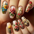Medium fake nails for women girls pink red yellow blue flowers for Spring summer ballet shape full cover press on nails set