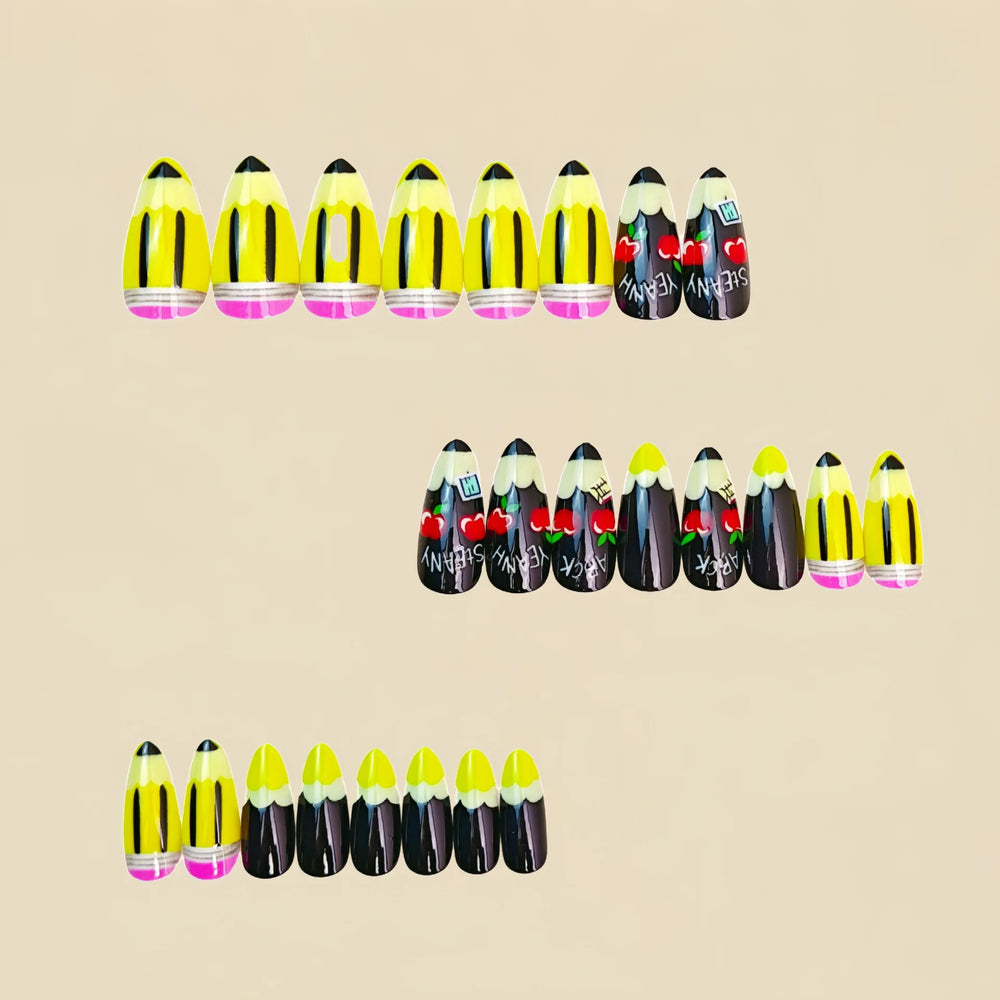 Y2K Campus Pencil Print Almond Press-On Nails – Medium