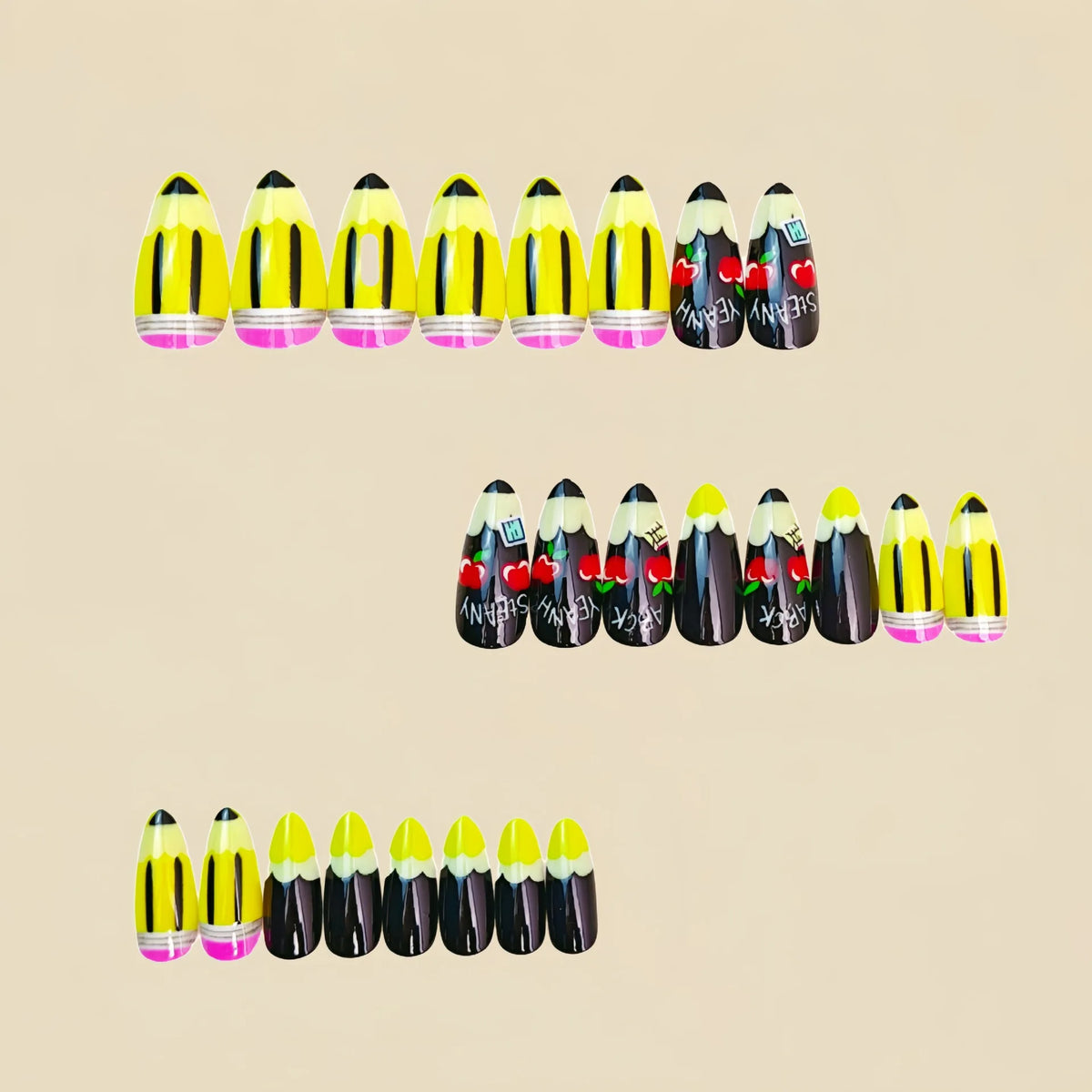 Medium fake nails for women girls Y2K Campus Pencil design black yellow purple pink blue almond nail tips press on false nail