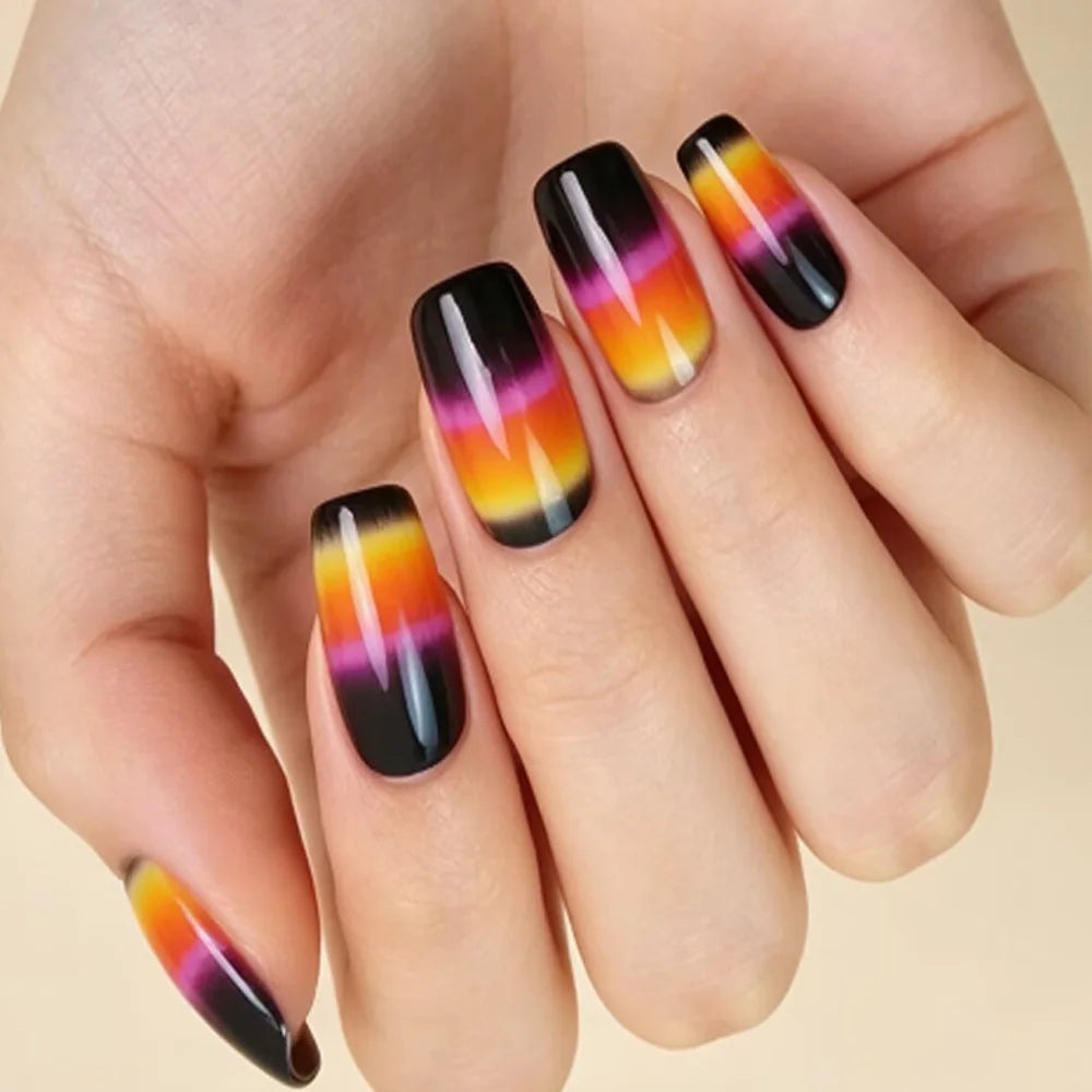 Medium fake nails for women gilrs Y2K colors yellow black pink purple colors square nail tips full cover press on false nail art