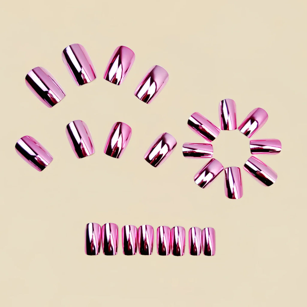 Short Medium fake nails for women girls Purple blue pink electric plated glossy square nail tips press on false nail enhancement