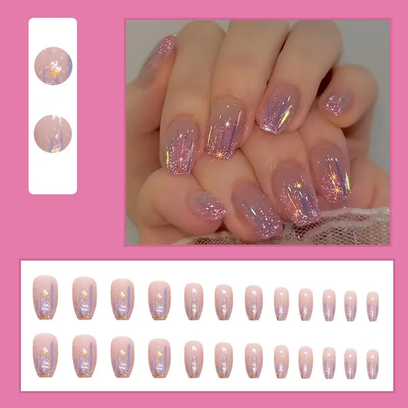 Short fake nails for women girls nude purple color with sparkling glitters in Square ballet shape full cover press on false nail