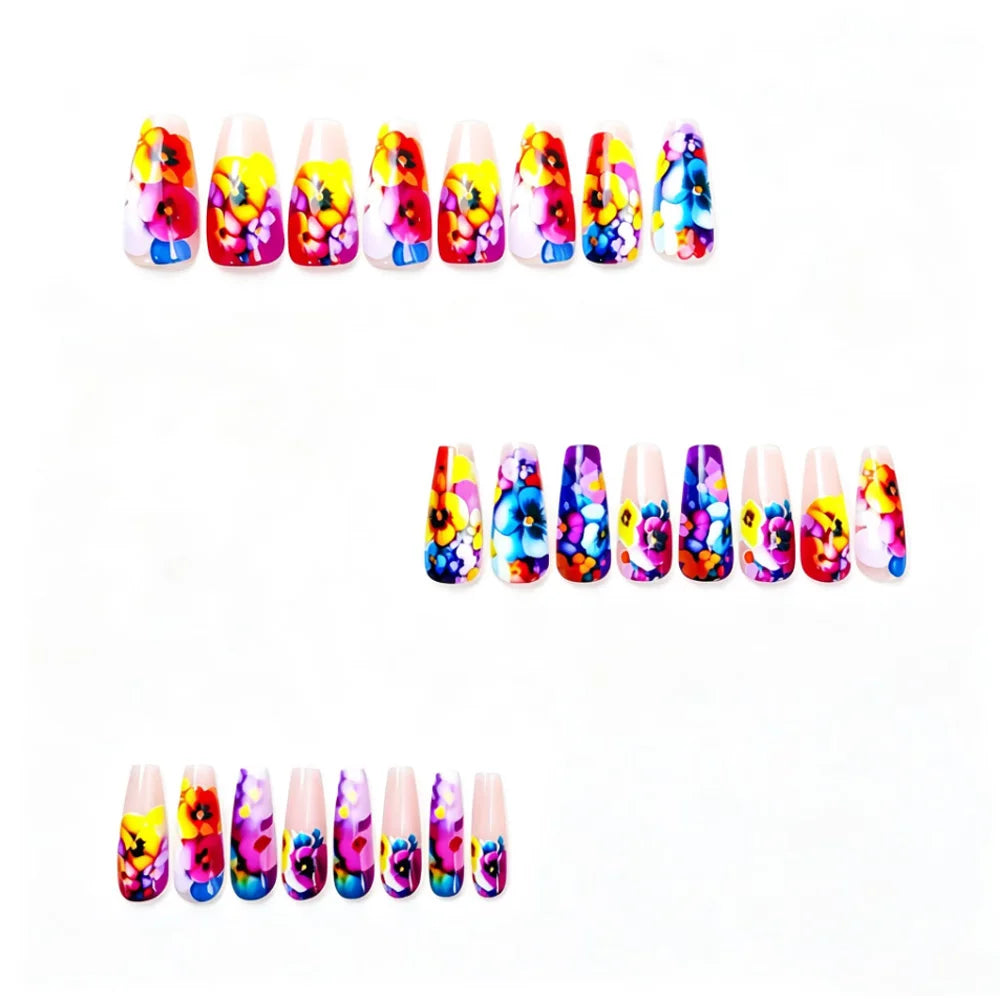 Medium fake nails for women Y2K purple yellow blue pink flowers print ballet shape nail tips full cover press on false nail set