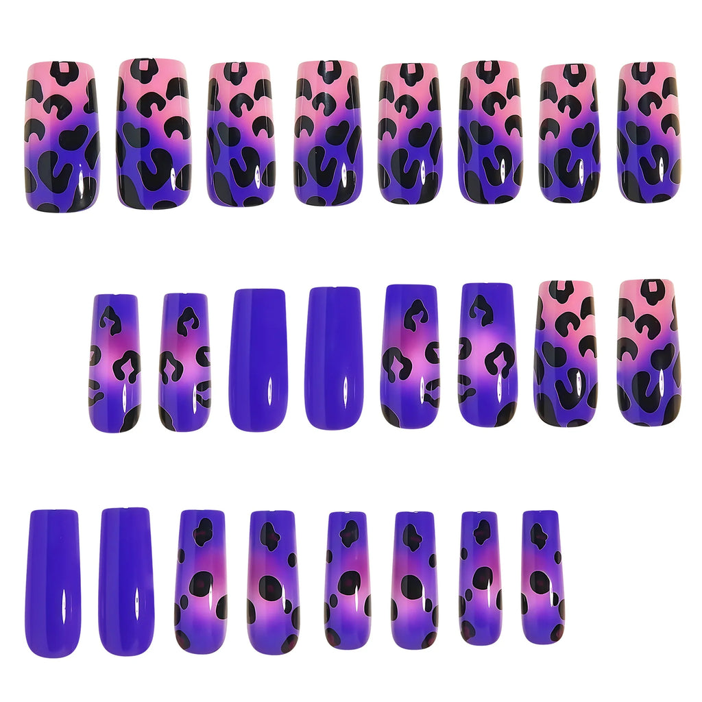 Medium fake nails tips for women girls gradient purple blue green red black leopard printing Square almond tips press on nails
