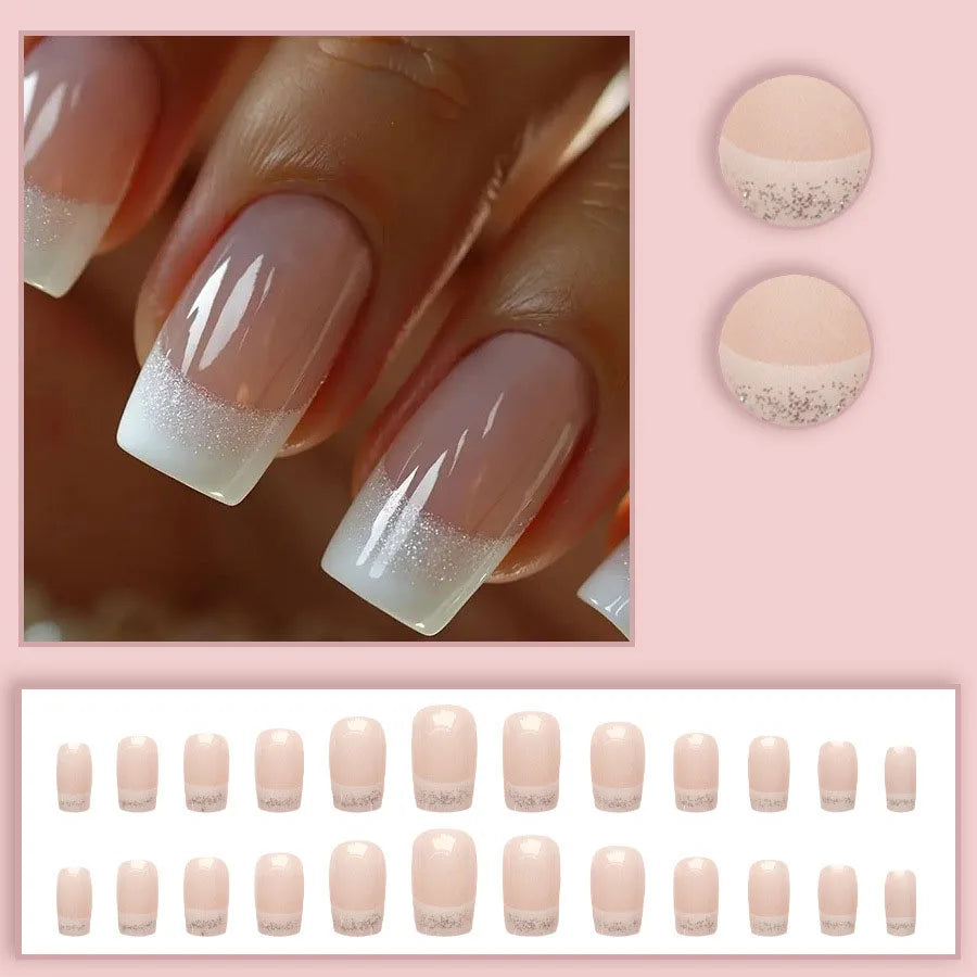 Nude Beige Glitter French White Edge Press-On Nails – Medium Square, 24 Pcs
