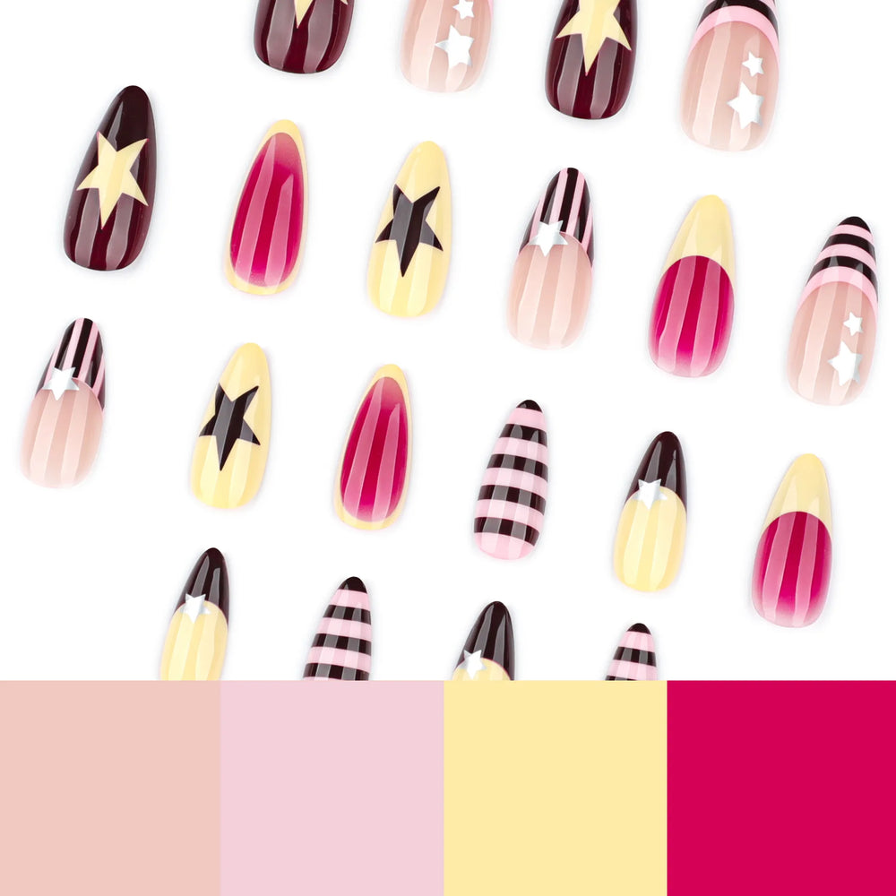 Colorful Star & Stripe French Y2K Press-On Nails – Almond, 24 Pcs