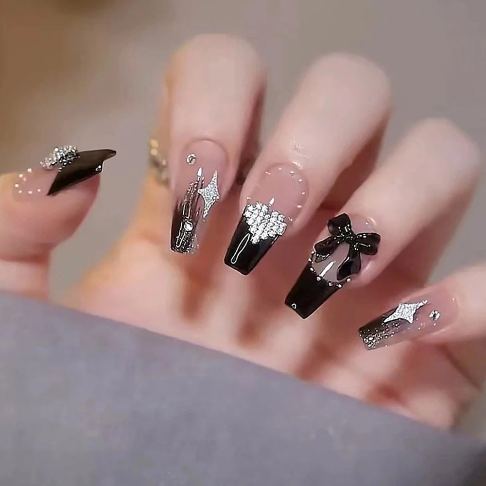 Black Ombre French Press-On Nails – Long Ballerina, 24 Pcs