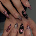 Medium fake nails for women pink leopard star printing with sparkling glitters Almond nail tips full cover press on false nail