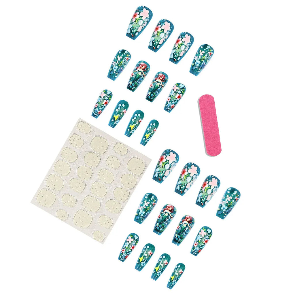Medium long fake nails for women gradient purple or green colors flowers mermaid or butterfly design full cover press on nails