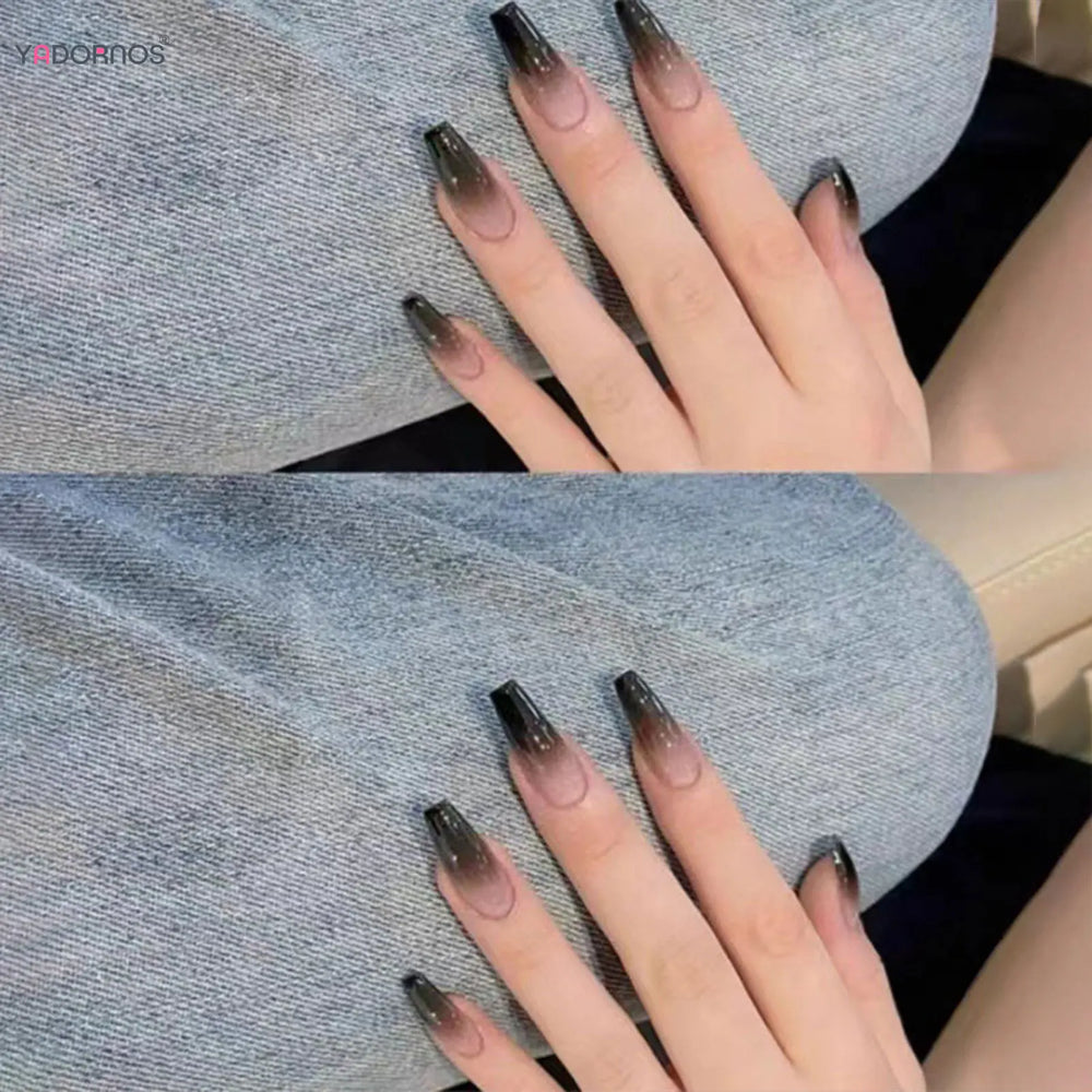 Black Ombre French Press-On Nails – Long Ballerina, 24 Pcs