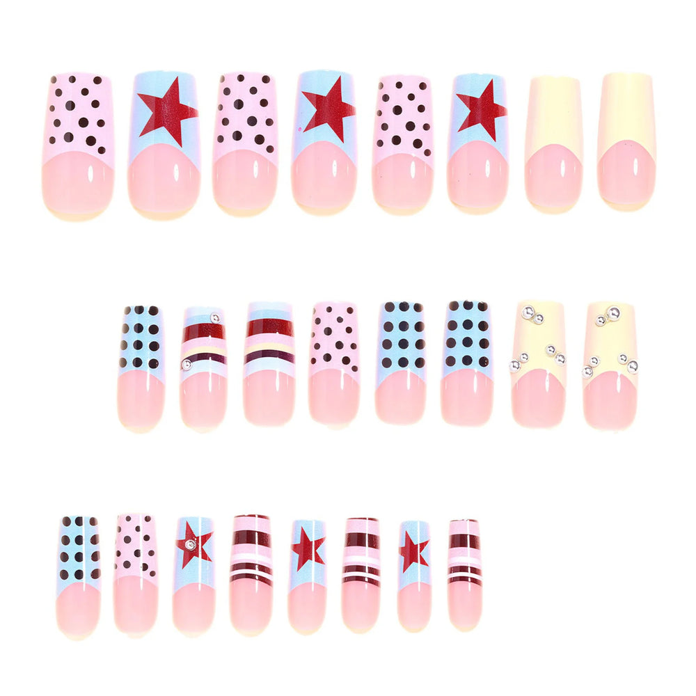 Pastel Polka Dot Bow French Press-On Nails – Medium Coffin, 24 Pcs